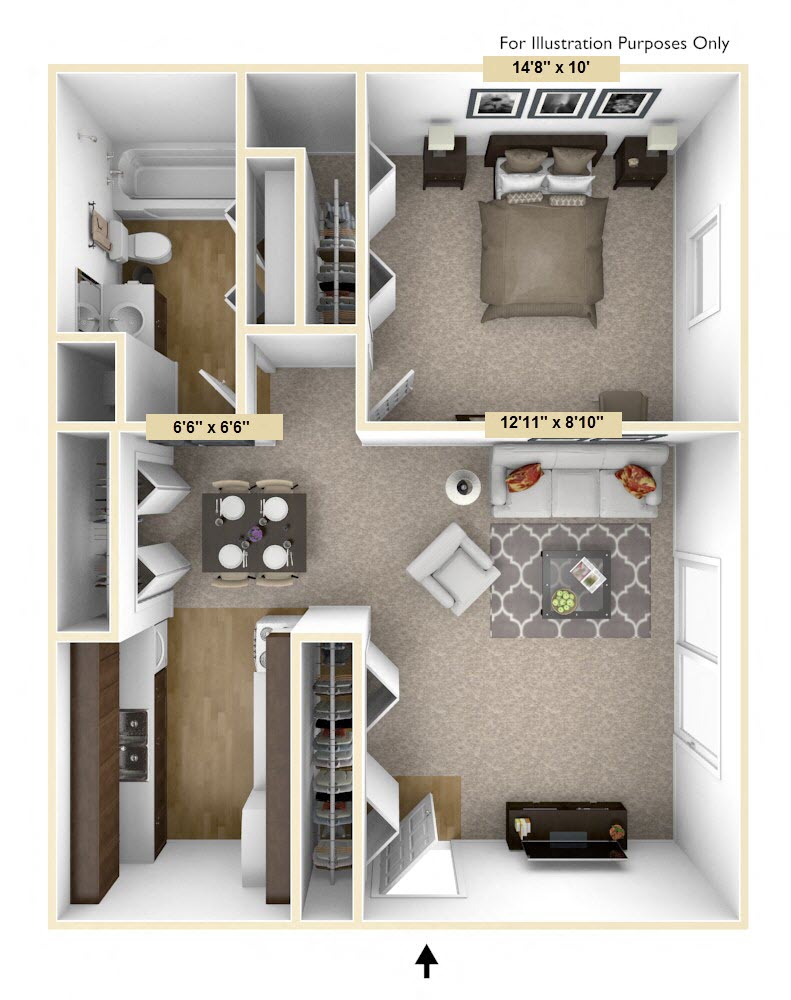 Heritage - One Bedroom One Bath Floor Plan at Huntington Place, Essexville, MI